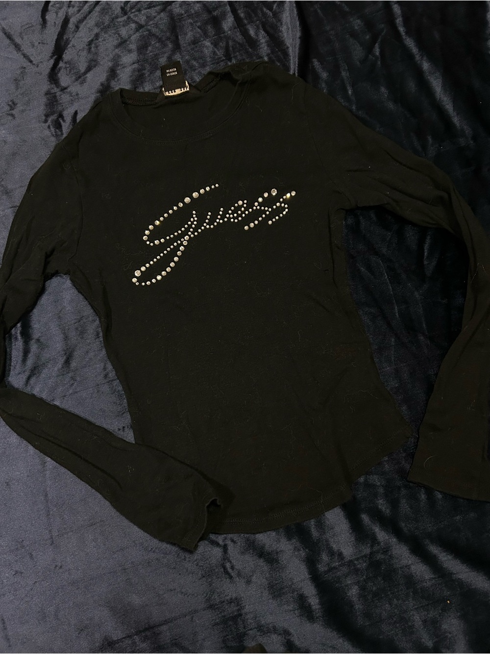 Guess Black Long Sleeve Tee with Crystal Script Logo